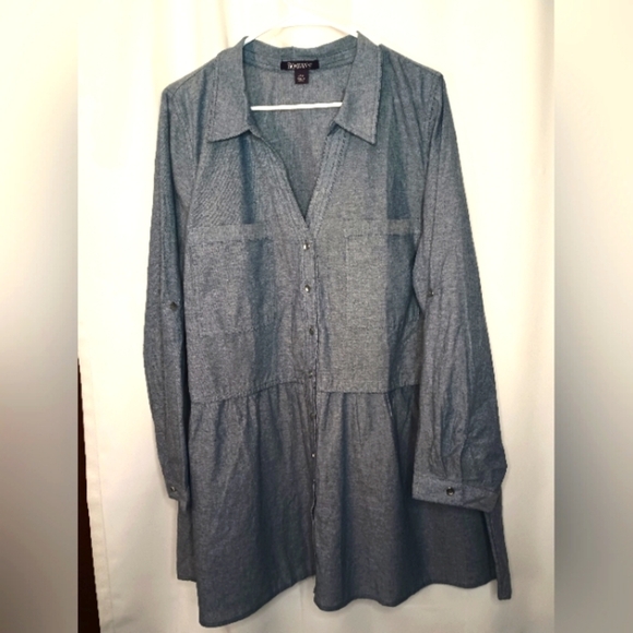Roamans Chambray Peplum Tunic 22W Blue Gray Button Roll Tab Sleeve Collar - Picture 1 of 13